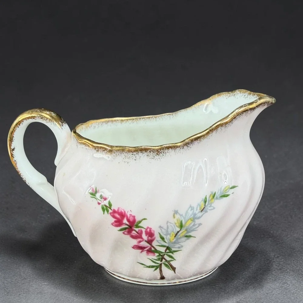 Foley EB 1850 Pink Floral Bone China Creamer Gold Trim Swirl Ribbed‎ England
